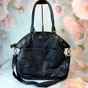 Vintage Y2K Mimic Copenhagen Black Leather Gold Studded Wide Pocket Shoulder Bag